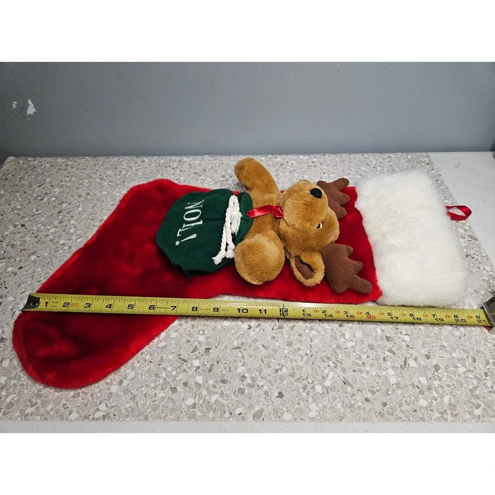Christmas Stocking Red Reindeer Plush 3D Noel Green Sack Faux Fur Trim 20 Inch